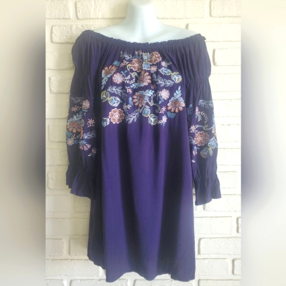 Favlux Off Shoulder Embroidered Floral Top Blouse Boho Flowy Rayon Size Large